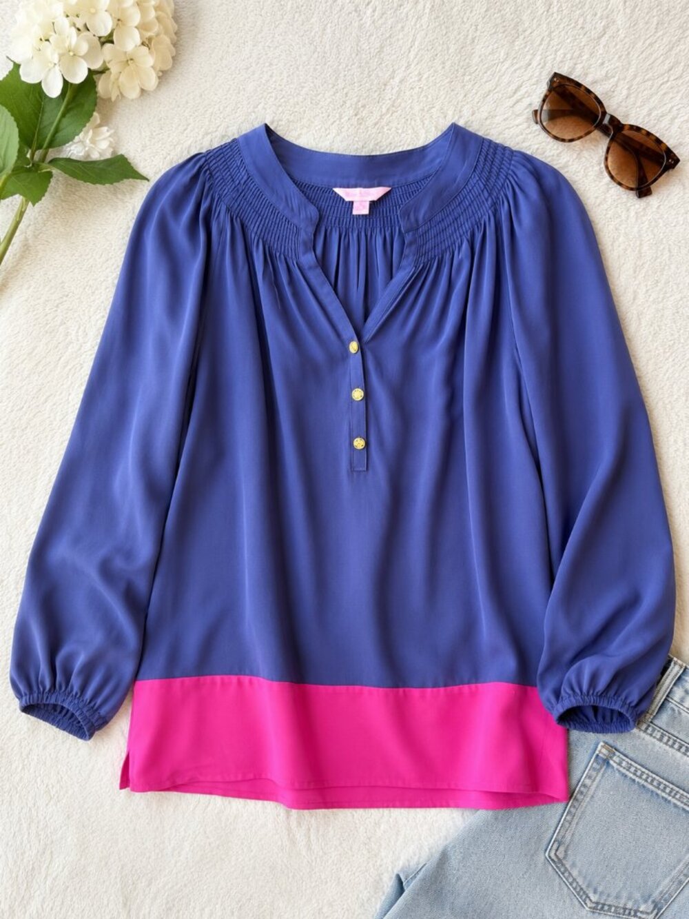 Lilly Pulitzer Elsa Top | 100% Silk | Blue Pink Colorblock | Preppy Coastal